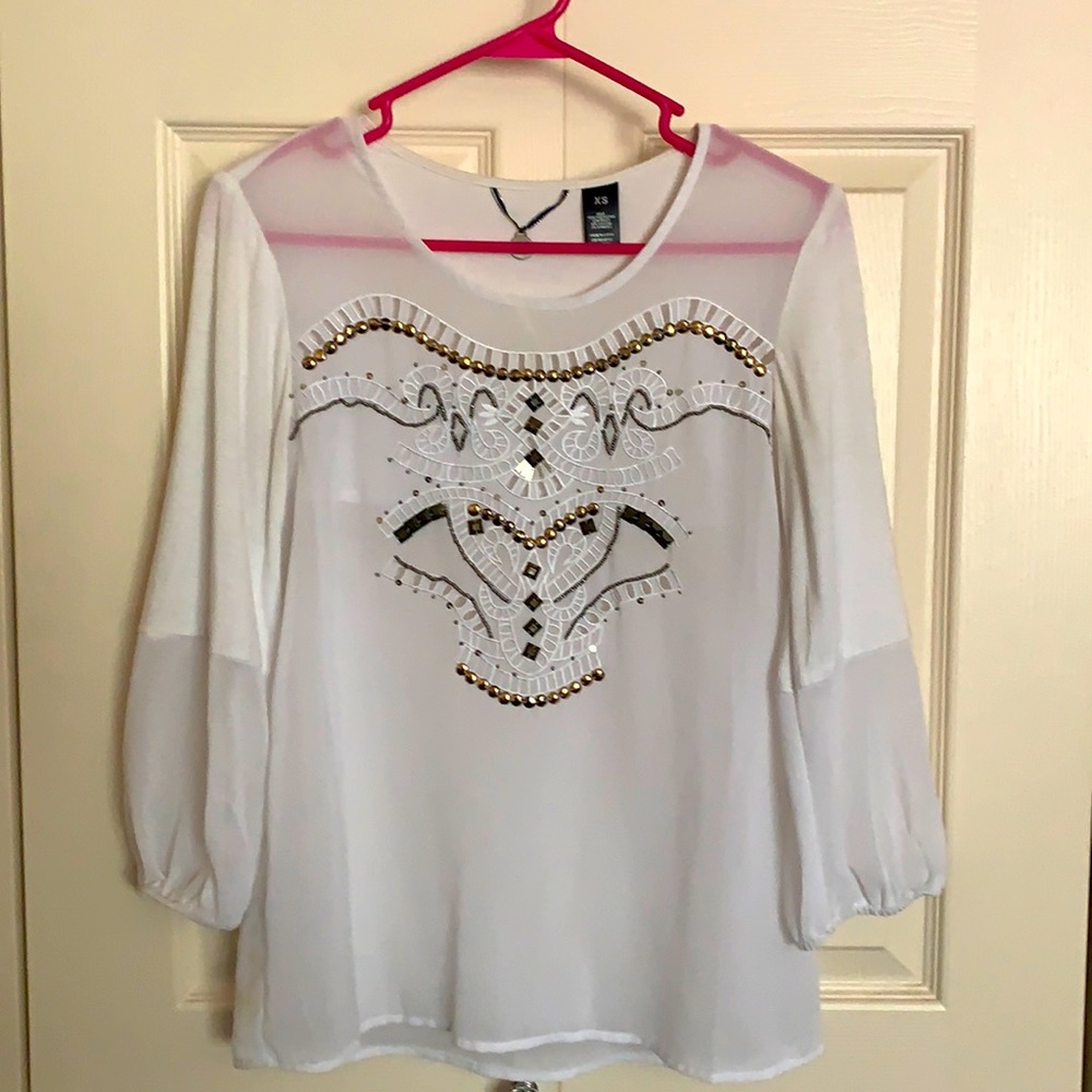 BKE boutique white beaded blouse top cutout